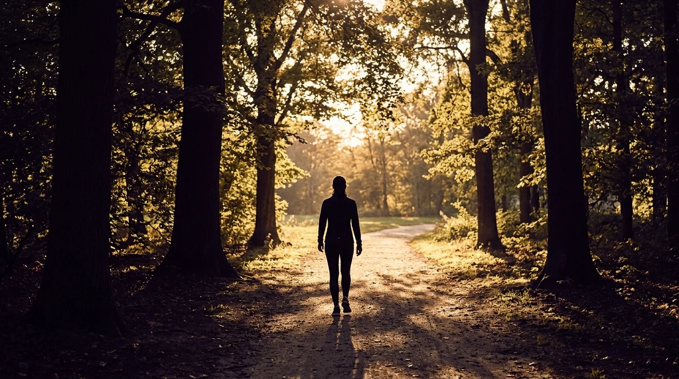 Person walking along a sunlit park path, golden hour, silhouette from behind